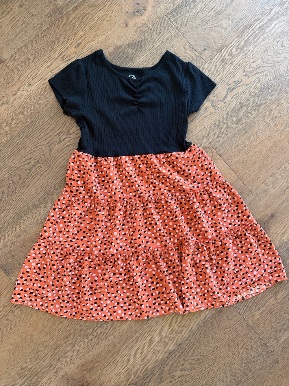 ⚡️wonder nation Black Ribbed Top with Orange Polka Tiered Skirt Dress